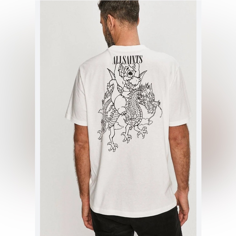 AllSaints Joyride Dragon Men’s Graphic Tee S White Black T-Shirt Short Sleeves